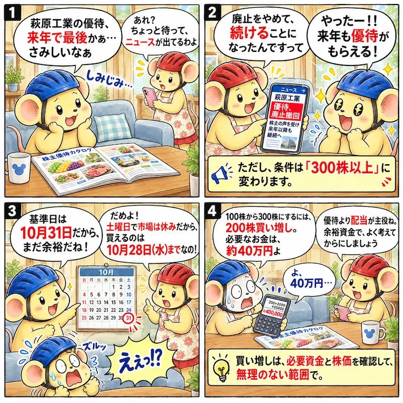 萩原工業(7856)の株主優待が廃止撤回!100株→300株への変更と買い増し期限